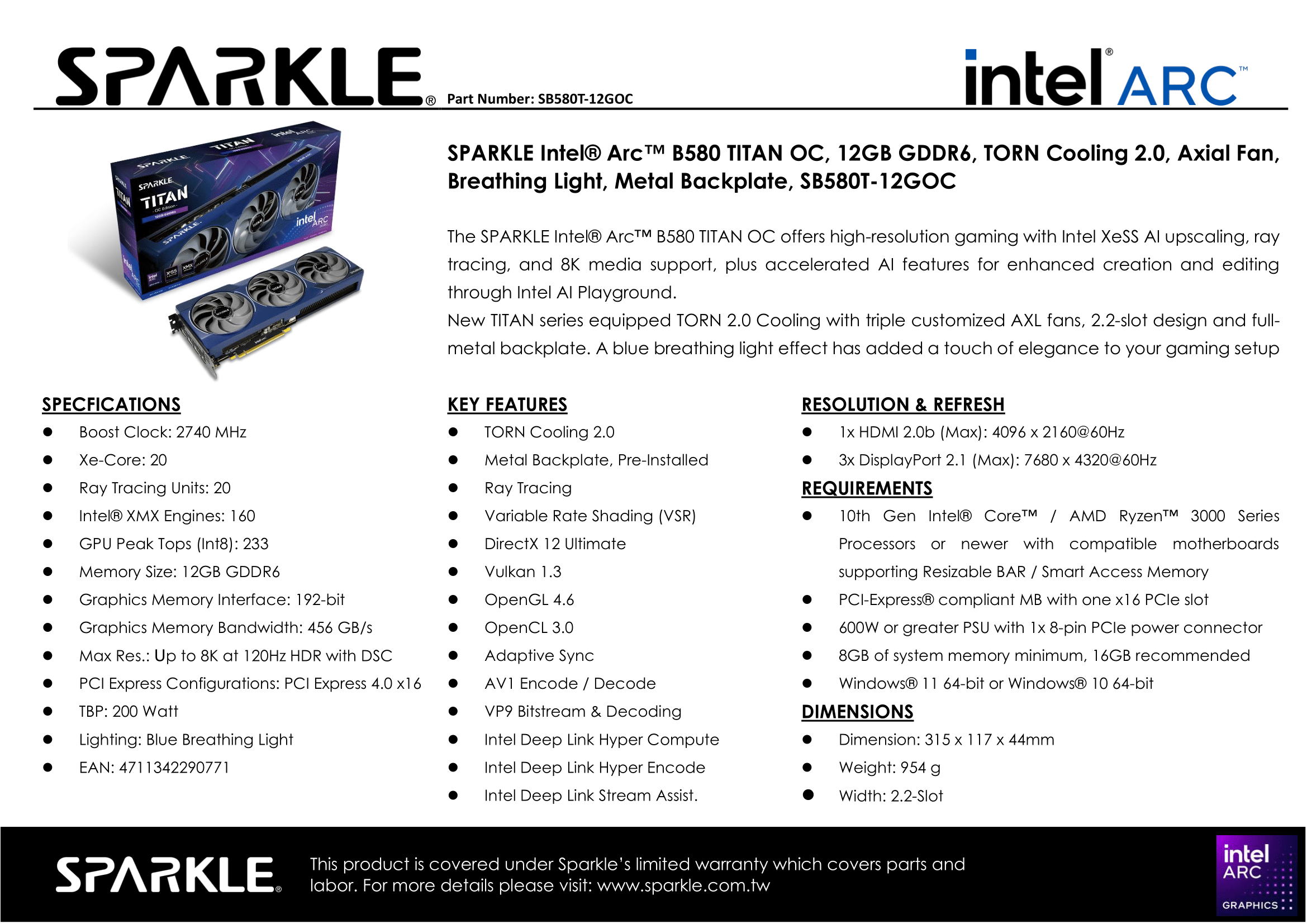 A large marketing image providing additional information about the product SPARKLE Intel Arc Battlemage B580 TITAN OC 12GB GDDR6 - Additional alt info not provided